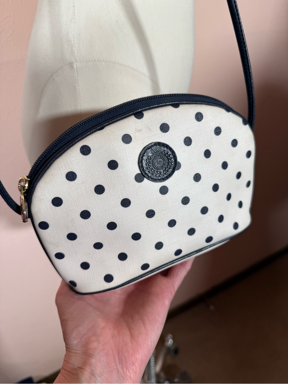 Vintage 1990’s Liz Claiborne white navy polka doted Classic dome mini Bag